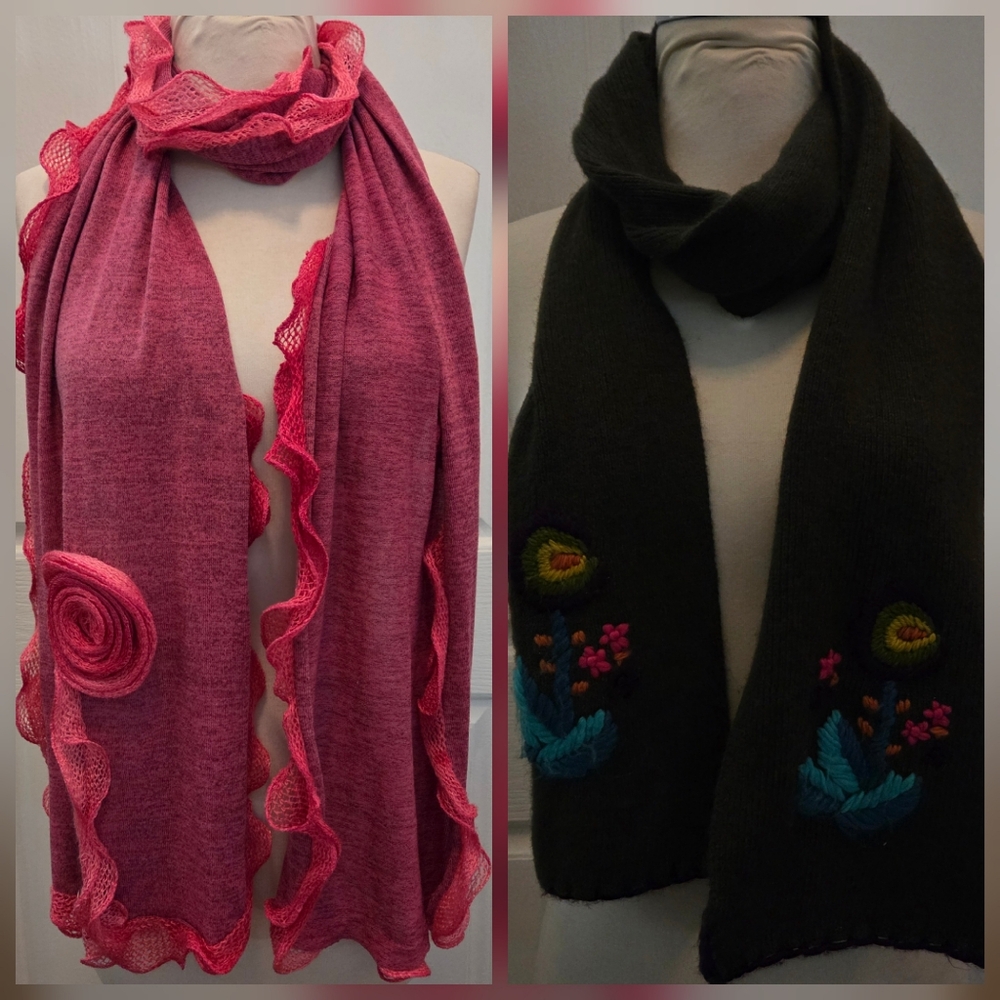2 Fall Scarf Scarves Green Embroidered Floral Pink Couture Designer Boho Fall